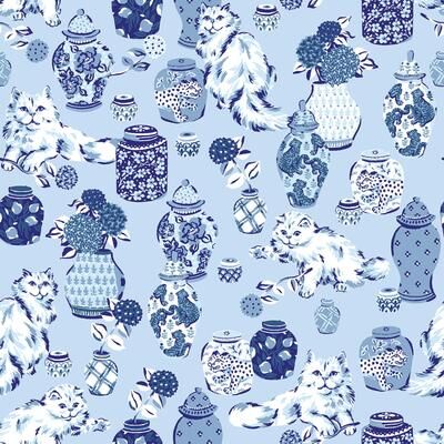 Printfresh Fancy Cats Blue Peel and Stick Wallpaper