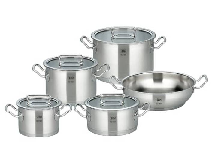 ELO Premium Topfset Gourmet Plus 5 tlg., für alle Herdarten geeignet, Edelstahl, integriertes Öl-Dosiersystem, Volumenskala