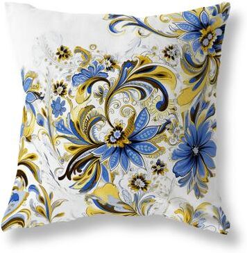 Amrita Sen Designs Yellow And Blue Wild Flora Fusion Faux Suede Throw Pillow
