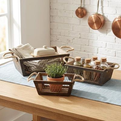 Cheungs Brown Wooden Tapered Crates with Wire Panels (Set of 3)