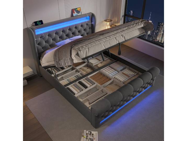 STILVORA Doppelbett 140x190cm Polsterbett mit LED-Leuchten Stauraum-Kopfteil ,Hydraulisches Stauraumbett mit USB- und Typ-C-Anschlüssen,Samt, Grau(Ohne Matratze)