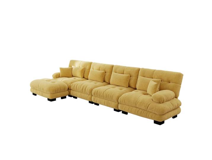 Modfu Ecksofa aus Chenille in Gelb mit beweglichem Ottoman, 145x81x406 cm, Wohnzimmer, Sofas & Couches, Wohnlandschaften, Wohnlandschaften in U-Form