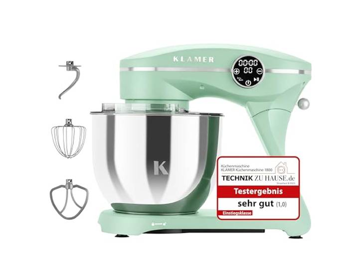 KLAMER Küchenmaschine 1800W, Knetmaschine Brotteig mit 6L Edelstahlschüssel 10 Geschwindigkeiten und Timer, Planetenrührwerk, Knethaken, Flachrührer und Schneebesen, transparenter Sichtdeckel
