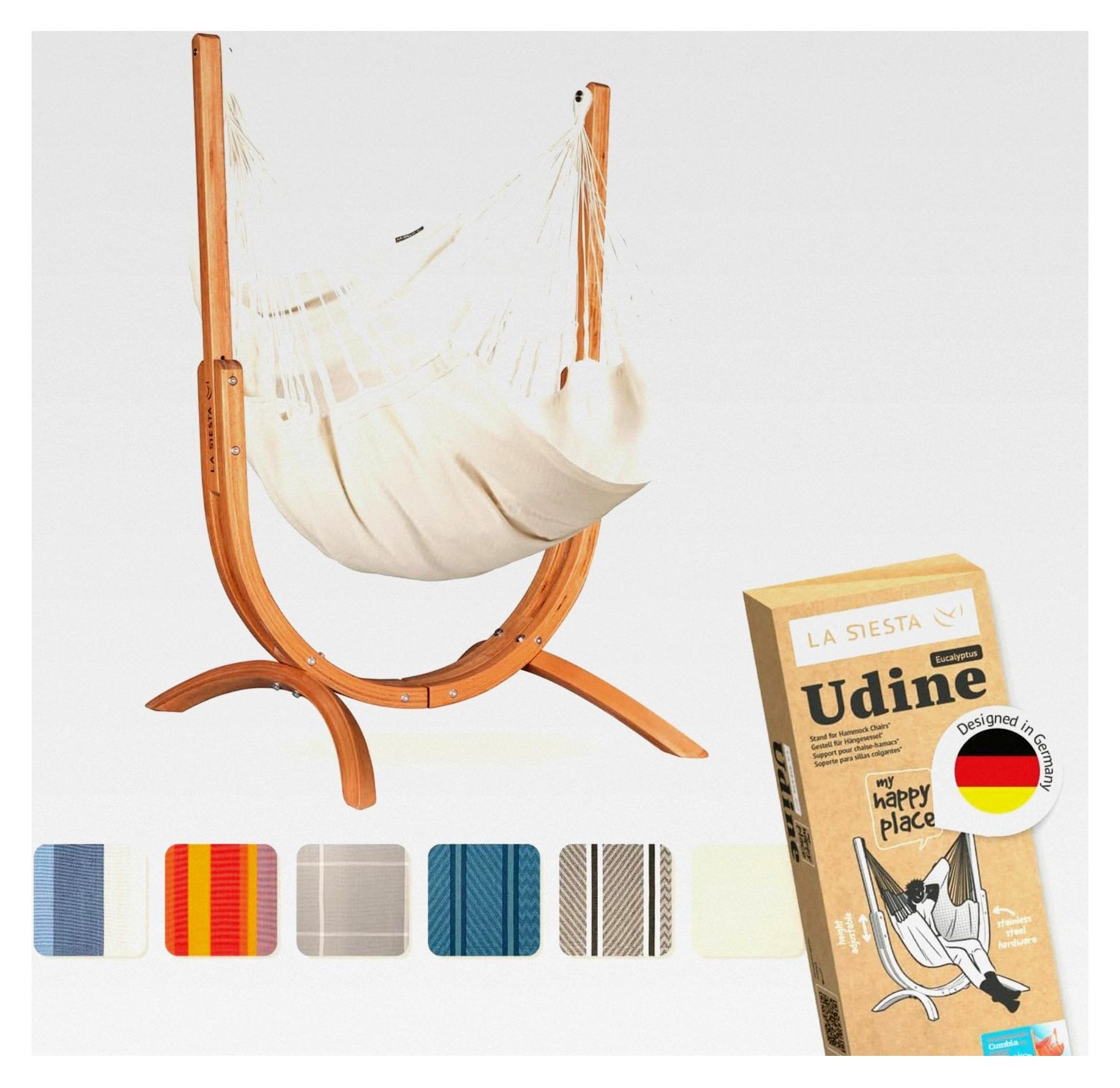 Udine -Baumwoll-Hängesessel mit Holzgestell - Handgefertigter, reißfester, weicher Indoor-Hängesessel mitem Eukalyptus-Ständer für Balkon und Garten - Latte