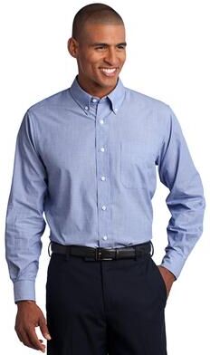 Port Authority TLS640 Tall Crosshatch Easy Care Shirt in Chambray Blue size Large/Tall   Cotton/Polyester Blend