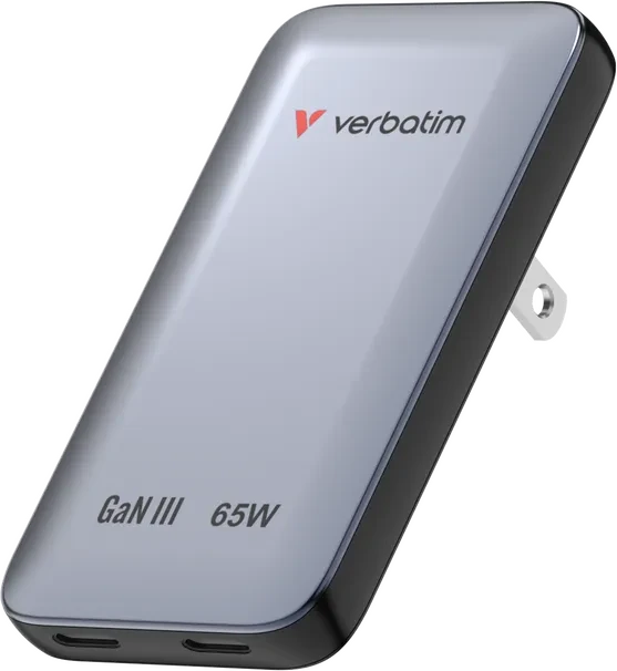 VERBATIM Essentials Slim GaN Ladegerät 65W US/EU/UK - 2x USB-C PD 65W - schwarz