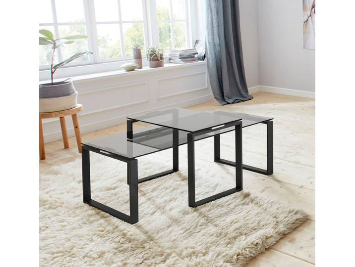 Couchtisch ACTONA GROUP Karolina , schwarz, B:115cm H:37,5cm T:55cm, Tische, Couchtisch, aus rauchfarbigen Glas und schönem pulverbeschichtetem Metallgestell