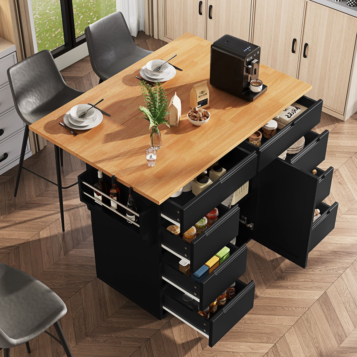 HAUSS SPOLE Mobiele Keukenwagen Keukeneiland met Uitklapbaar Tafelblad en 8 Lades, Zwart, B/D/H: 122 x 74,5 x 91,5 cm