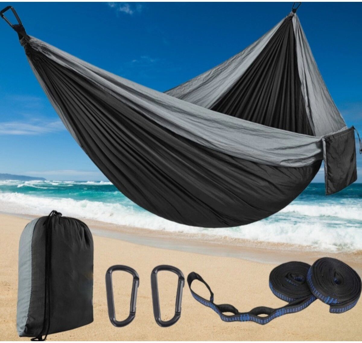 INF Doppel Camping Hängematte Set - Tragbare, leichte 210T Fallschirm Nylon Hängematte mit Baumgurten (Grau & Schwarz)