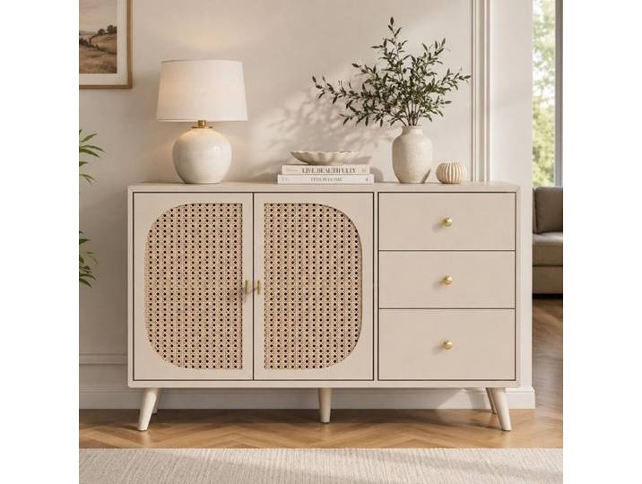 Buffet de rangement en cannage 120x40x82 5cm - Bohème - 5 niveaux. 2 portes. 3 tiroirs. pieds scandinaves. buffet bas
