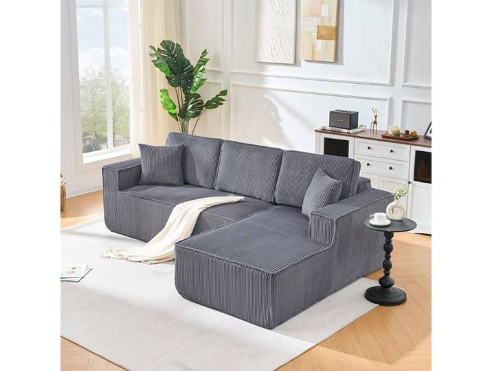 DRIPEX Canapé d'angle compressé 3 places velours côtelé Gris Canapé modulaire en L+2 coussins Chaise longue droite 235x128x60cm
