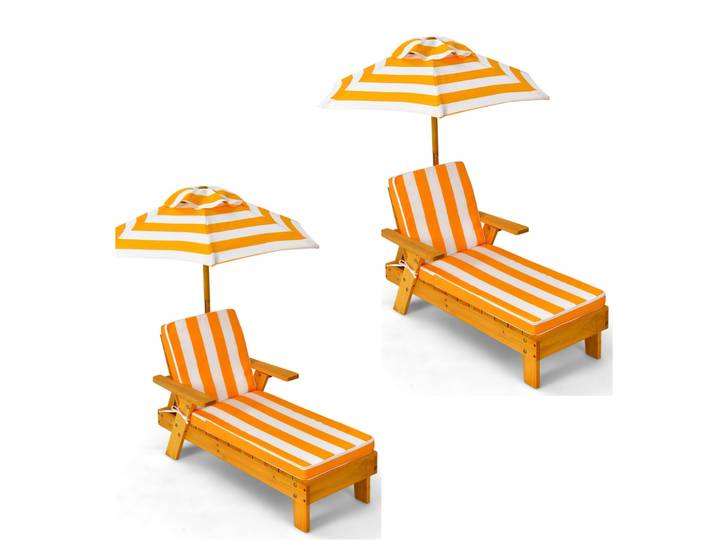 (2 Stucks) Kinderligstoel met Parasol Kinderligstoel Hout 106 x 49 x 106 cm Geel + Wit
