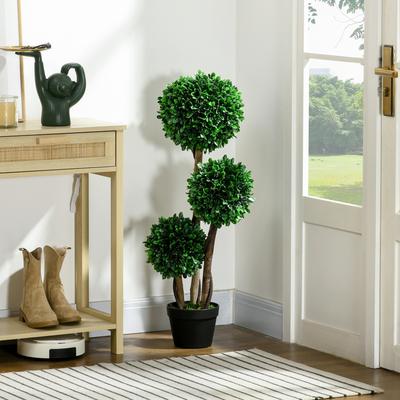 "HOMCOM 3ft/35.5"" Artificial 3 Ball Boxwood Topiary Tree with Pot, Indoor Outdoor Fake Plant for Home Office, Living Room Decor"