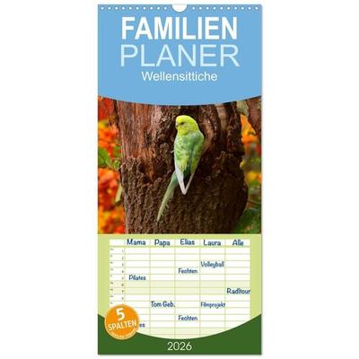 Familienplaner 2026 - Wellensittiche mit 5 Spalten (Wandkalender, 21 x 45 cm) CALVENDO