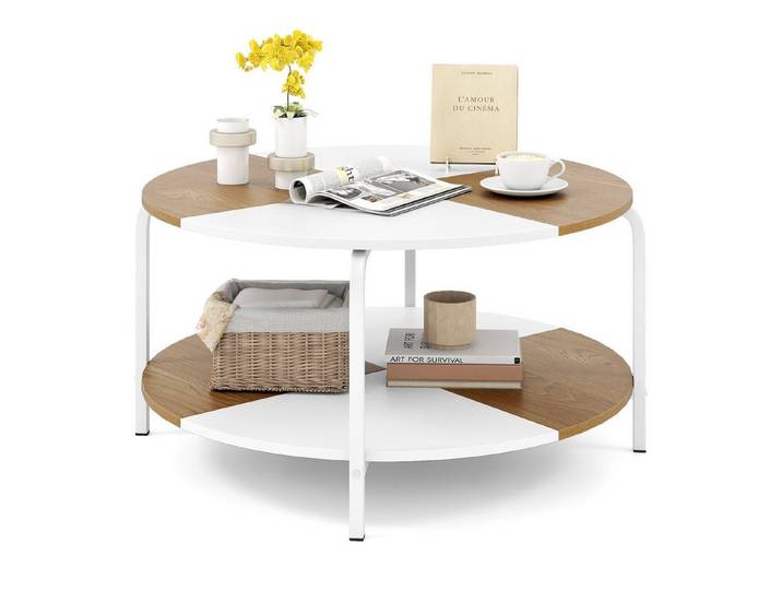COSTWAY Couchtisch, rund, 80 cm Wohnzimmertisch 2 Ebenen mit Ablage
