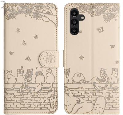 Inspired Deals Cute Cat Embossed Wallet Phone Case For Samsung Galaxy With Card Holder And Lanyard For Samsung Galaxy A55 beige