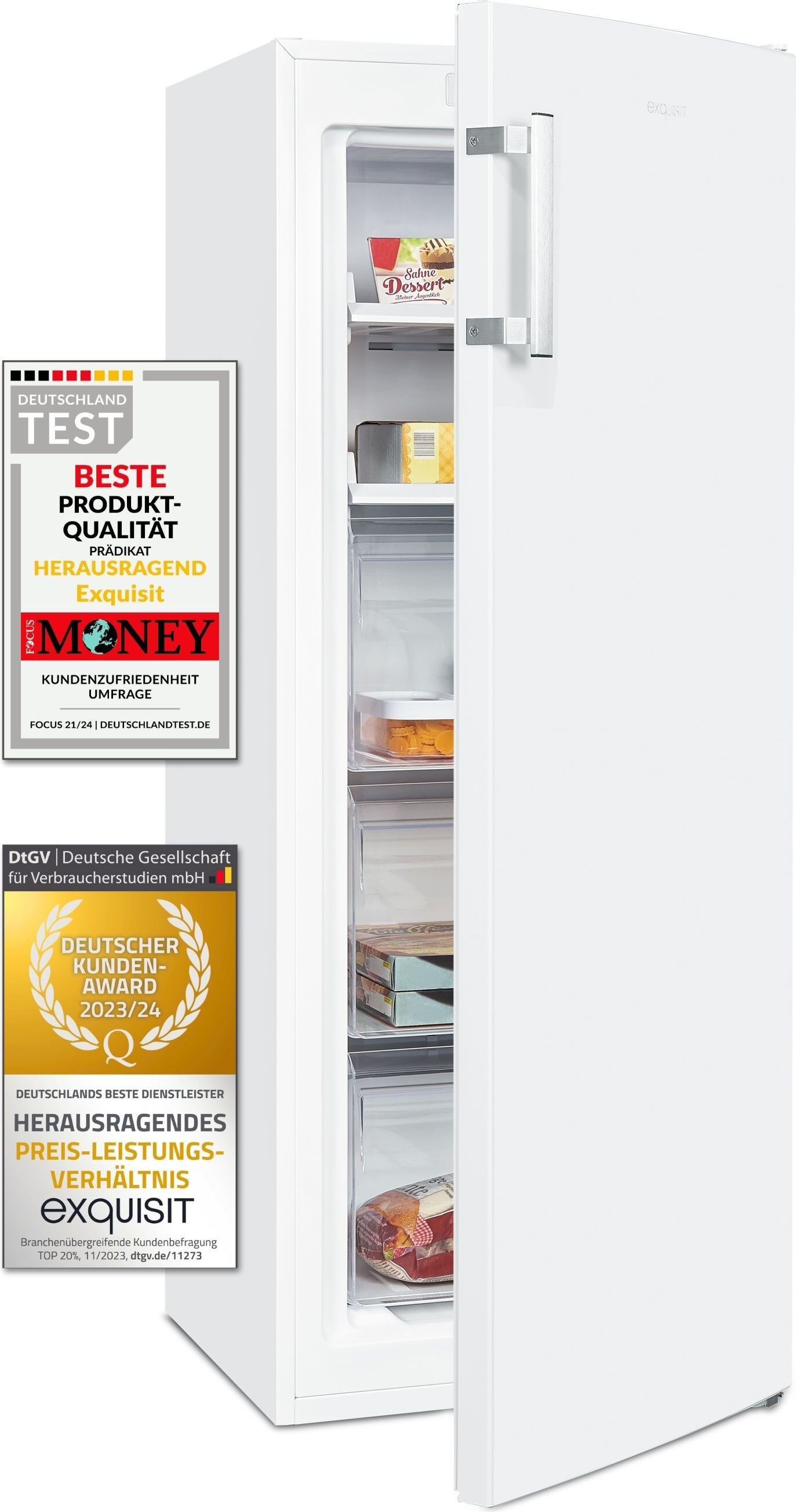 Exquisit Gefrierschrank GS231-NF-H-040C weiss | Nutzinhalt: 161 L | 4-Sterne-Gefrieren | NoFrost | Alarm | Schnellgefrieren | Standgerät