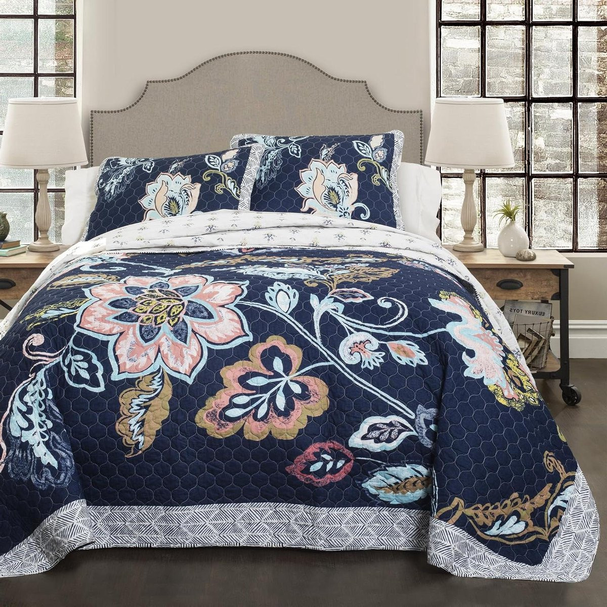Dekbedovertrek Set met Waterverf Bloemenprint in Marineblauw voor Volwassenen