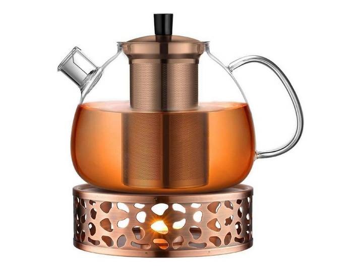 LuxusKollektion Teekanne Teekanne Glas Teesieb 1500ml Teewärmer Edelstahl Kupferfarben