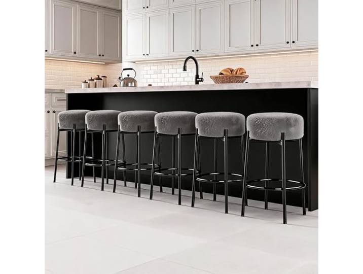 IDEALHOUSE 6er-Set runde Barhocker ohne Rückenlehne – 24 Zoll, mit weichem Sherpa-Bezug & stabilem Metallgestell – tiefgrau, ideal für Kücheninsel, Homebar & Esszimmer