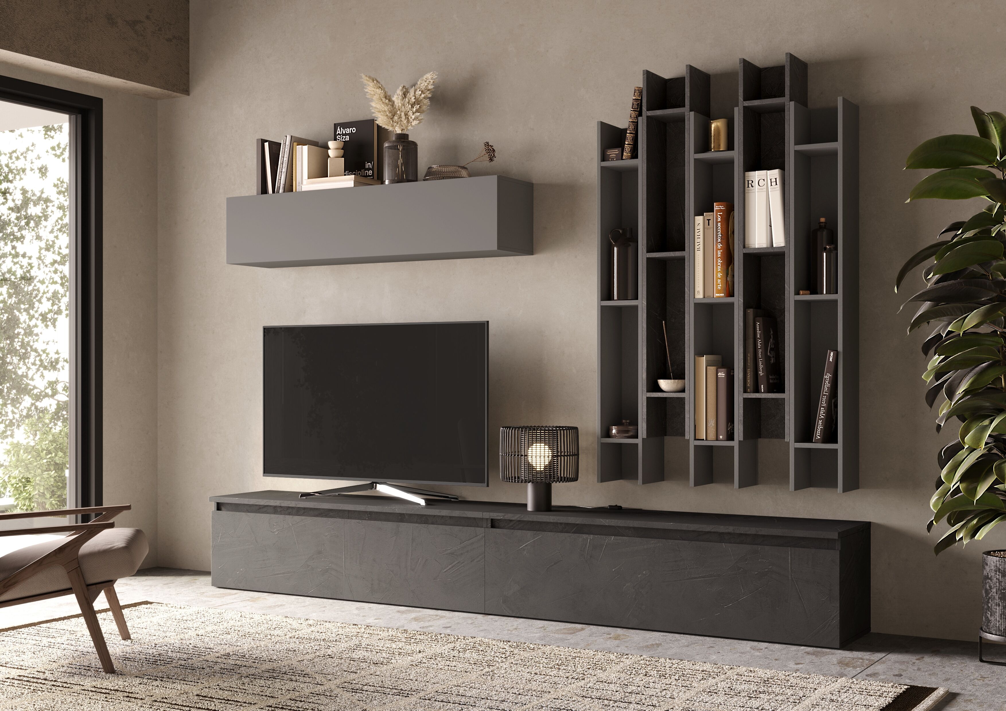 Wohnwand HOME AFFAIRE "Infinity, 8tlg. Breite 276 cm, Höhe variabel, Schrankwand, Anbauwand", grau (steingrau (ardesia), bleigrau (piombo)), B:276cm H:200cm T:40cm, Holzwerkstoff, Kastenmöbel-Sets, Wohnwand, (2x Lowboard, Hängeschrank, 5x Wandregal) stein
