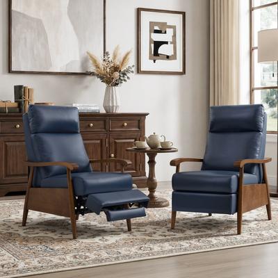 Velocisca Leather Push-Back Recliners Set of 2, Mid-Century Modern Recliner Chairs with Solid Wood Arms