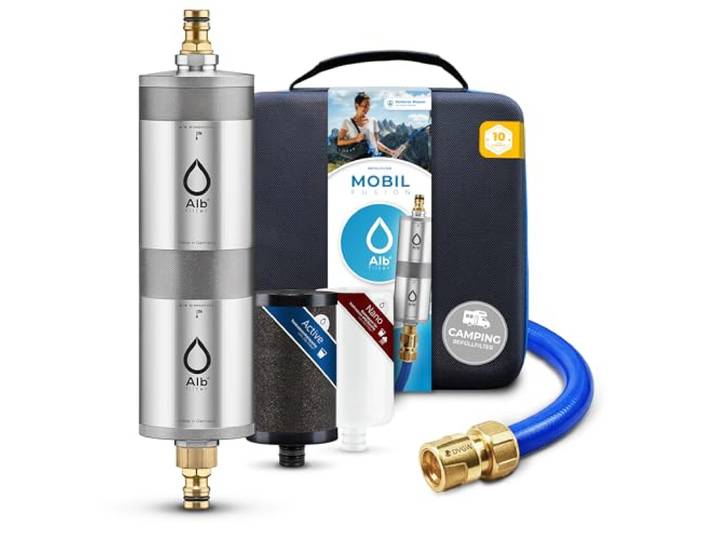 Alb Filter MOBIL FUSION Befüllfilter Camping Edelstahl Natur + PROTECT Zweistufiger Wasserfilter gegen Schadstoffe & Keime bis 0,1 µm, Befüllfilter, GEKA-Set Gardena-kompatibel, Made in Germany