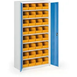 Schrank mit Sichtlagerkästen BASIC - 1800 x 400 x 920 mm, 32xC, grau/blaue Tür