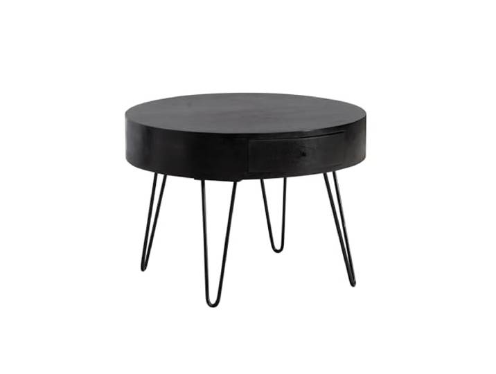 WOHNLING Couchtisch Rund 60x60x43 cm Mango Massivholz mit Schublade Wohnzimmertisch mit Stauraum und Metallgestell, Sofatisch massiv auffällig, handgefertigtes Unikat, Kaffeetisch