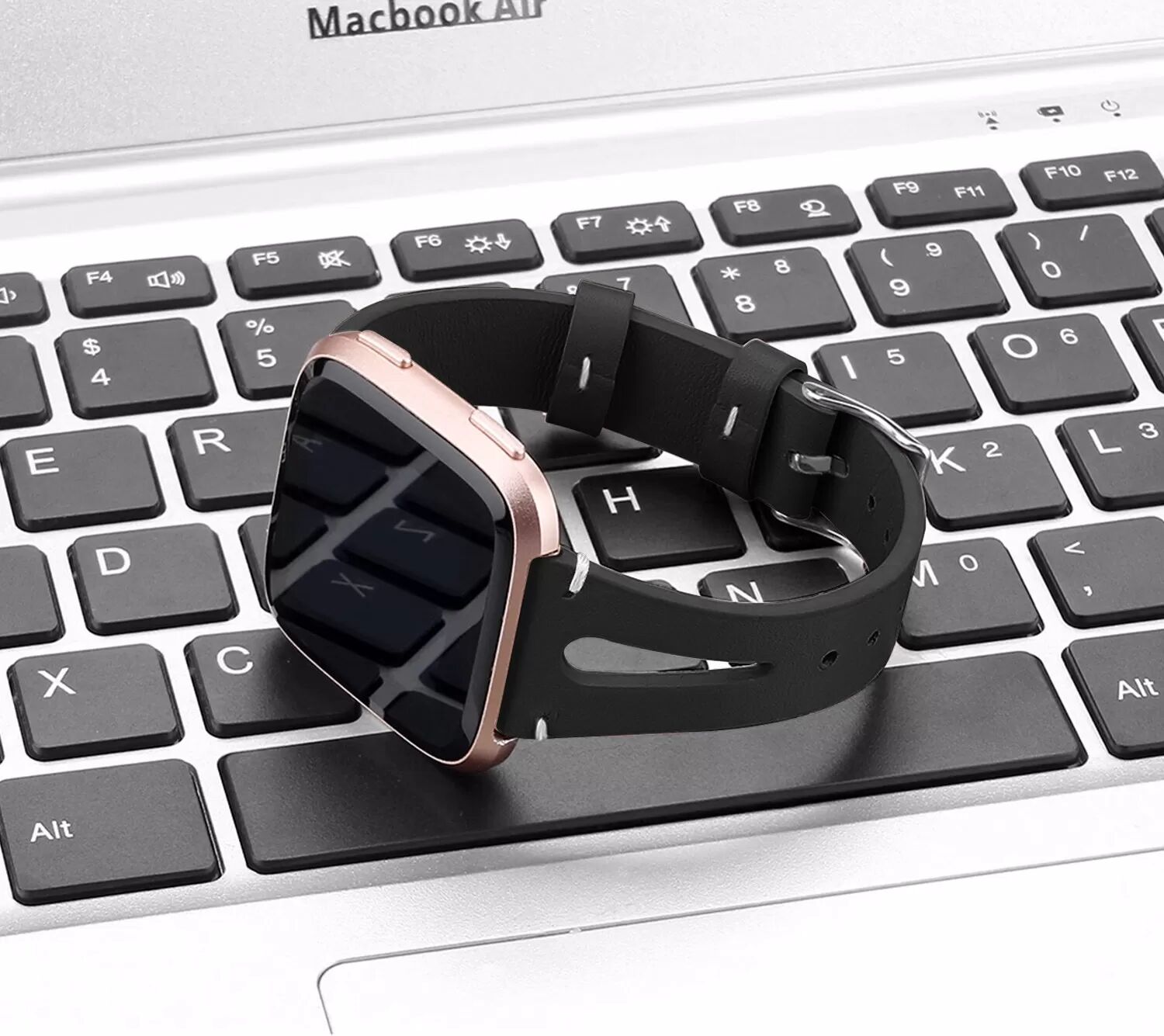 INF Uhrenarmband aus echtem Leder für Fitbit Versa Smartwatch Schwarz