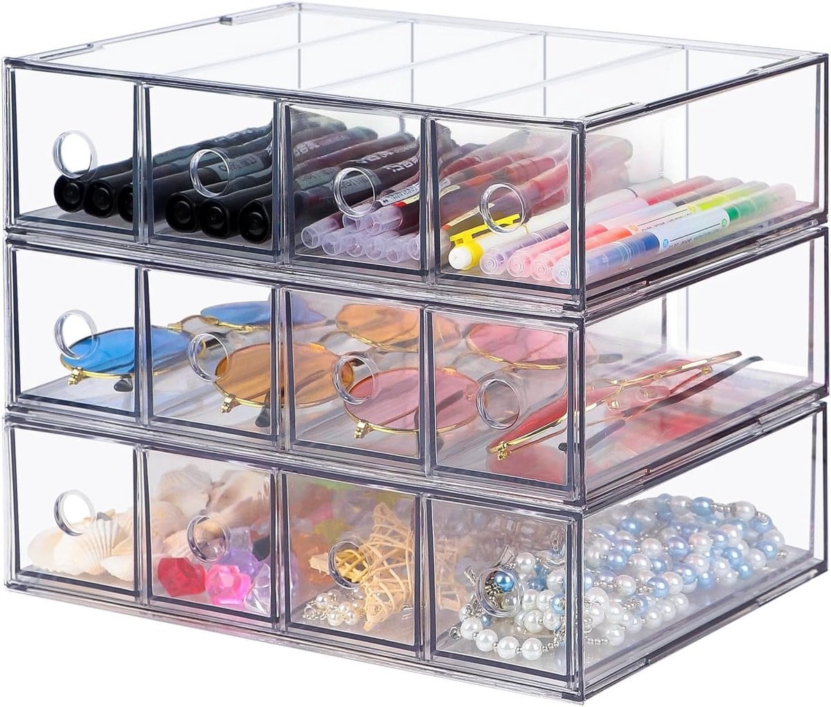 Multifunctionele 3-Lades Organizer met 12 Compartimenten, Stapelbare Desk Organizer voor Kantoorbenodigdheden en Zonnebrillen