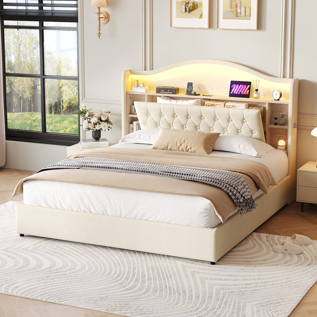 Brayden Studio Cassello Upholstered Lift Up Storage Ottoman Bed Beige Double (4'6)