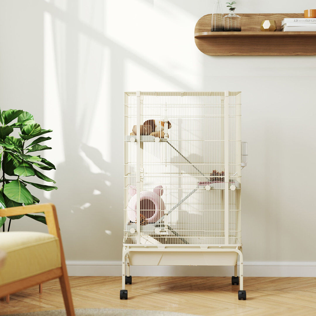 PawHut 4-Level Rolling Small Animal Cage Rabbit Cage with 15cm Deep Bottom Beige 120cm H X 69cm W X 44cm D