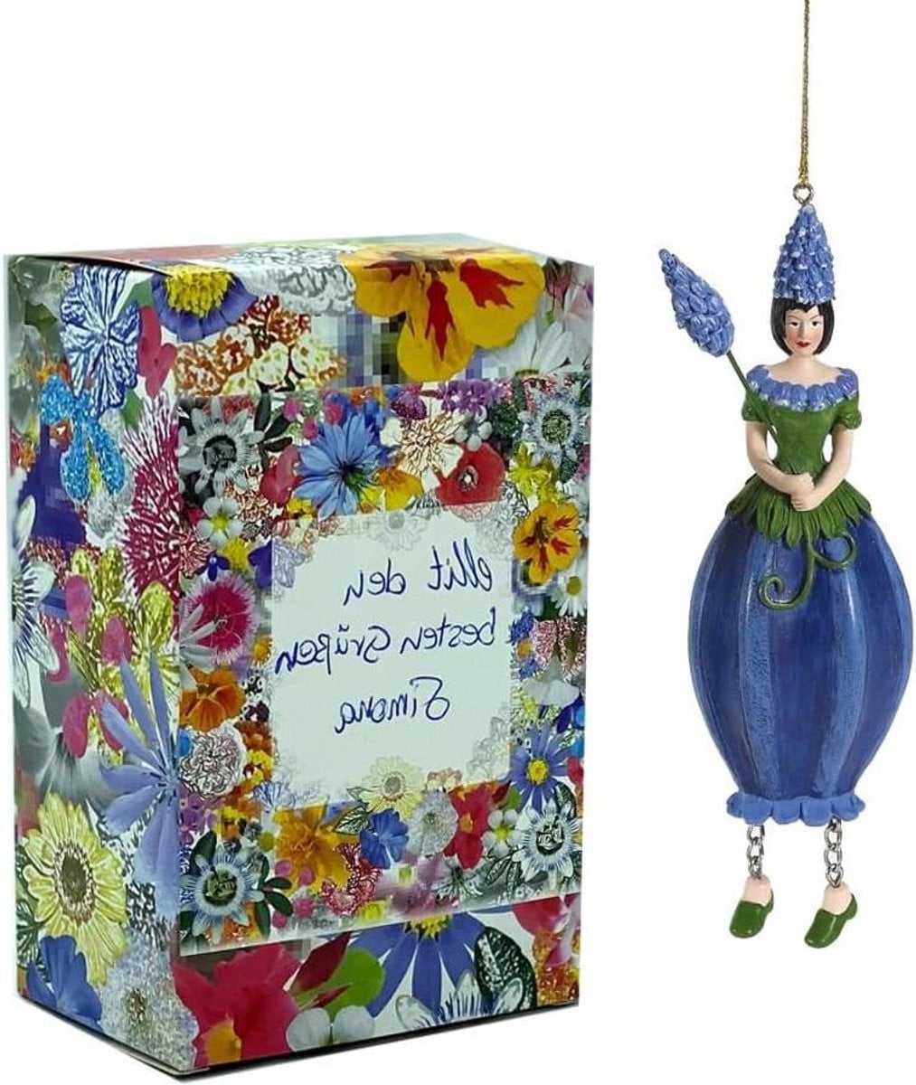 Blauw Bloemenmeisje Figuur - Hangende Decoratie Bloemfee van Kunsthars - Hoogte: 14 cm