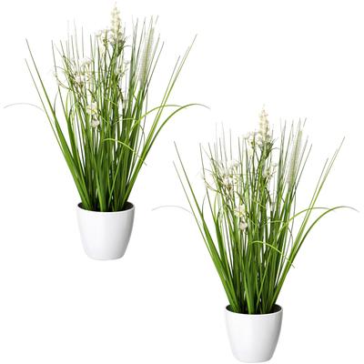 Kunstgras CREATIV GREEN "Blüten-Gras-Mix", weiß, H:41cm Ø:10cm, Kunststoff, Kunstpflanzen, in weißer Kunststoffschale