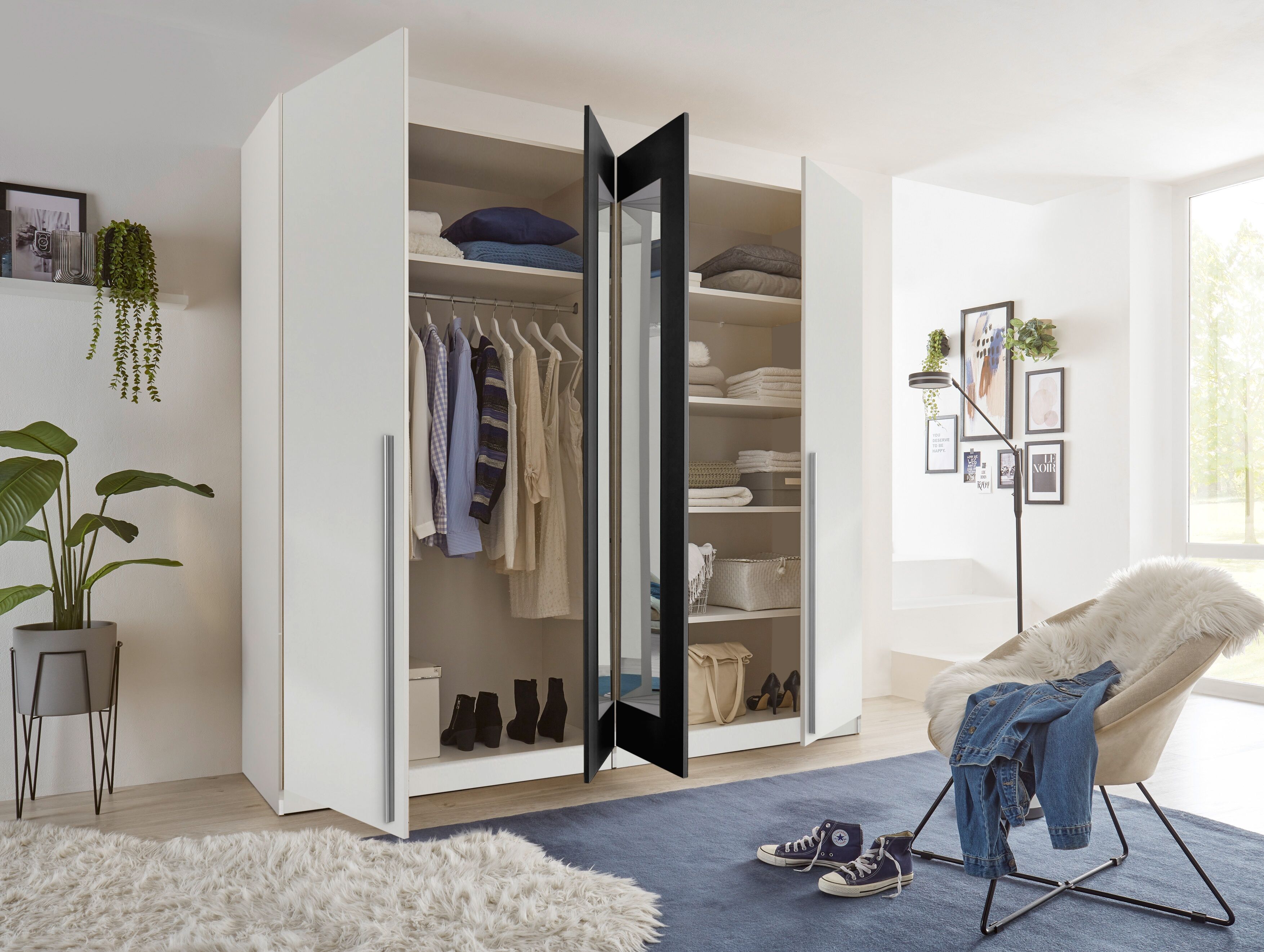 Drehtürenschrank SCHLAFKONTOR "Cano Kleiderschrank, Drehtürenschrank", weiss (weiß, graphit, spiegel), B:228cm H:213cm T:62cm, Melamin, Schränke, Drehtürenschrank, Spiegeltüren weiß, graphit, spiegel B/H/T: 228cm x 213cm x 62cm, Türen: 2 Stk.