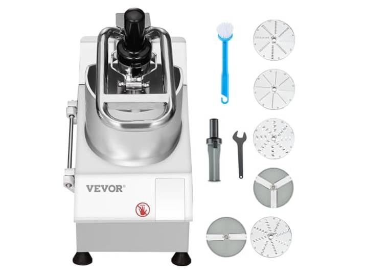 VEVOR Küchenmaschine Gemüseschneider Gemüsezerkleiner 2 Einfüllöffnungen, Schneider aus lebensmittelechtem Edelstahl mit 6 abnehmbaren Klingen, 3/5/7/10 mm Raspel, 2/4 mm Hobel, für Gemüse Obst