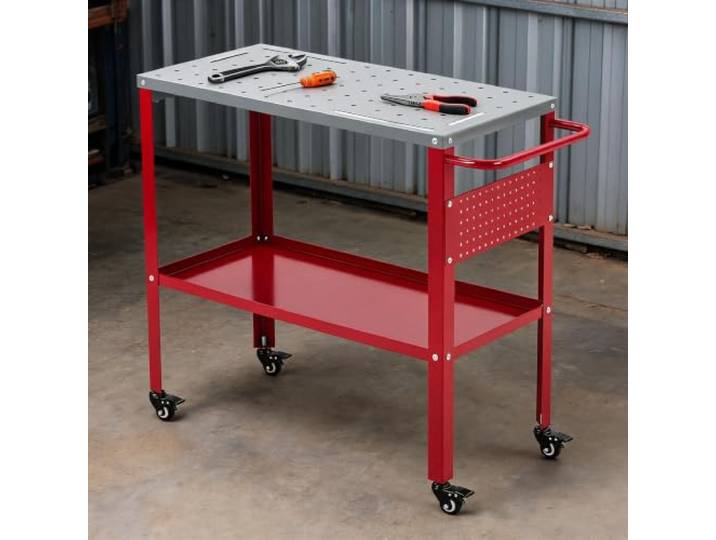 IDEALHOUSE Robuster Stahl-Schweißtisch 91 x 46 cm 544 kg Tragkraft, 8 Werkzeugfächer, 12/16 mm Bohrungen, 4 Feststellrollen & Ablage – Mobil für Metallbearbeitung