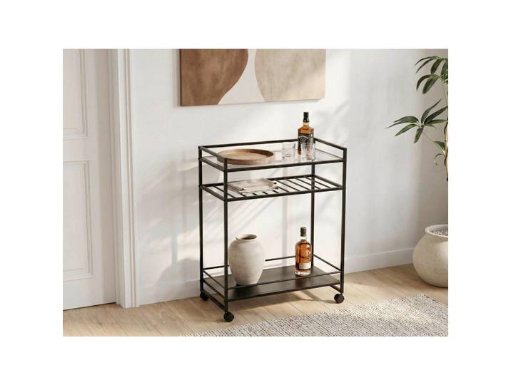 Servierwagen, Schwarz, Metall, rechteckig, eckig, 37x86x70 cm, einfacher Aufbau, Esszimmer, Barmöbel, Barwagen