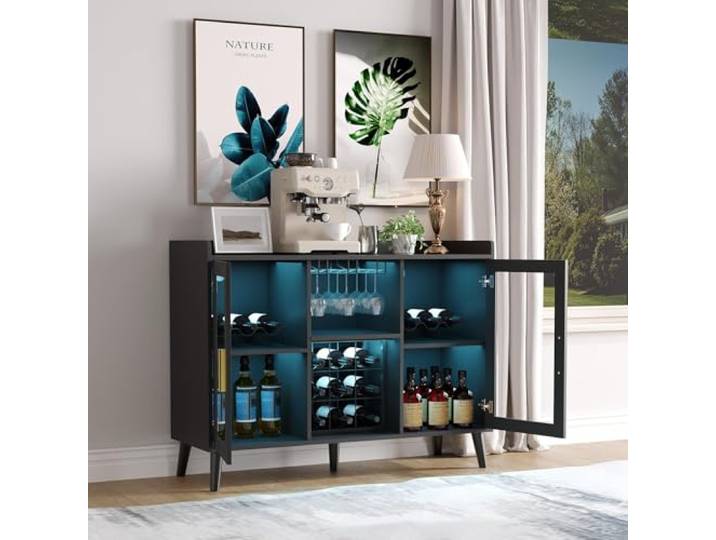 Thaookte Weinschrank Freistehender, Barschrank Mit Led Licht & Glashälter, Weinregalen Für 18 Flaschen Regal, Küchenschrank, Sideboard Esszimmer, Wohnzimmer, Büro, 120x40x90Cm, Schwarz