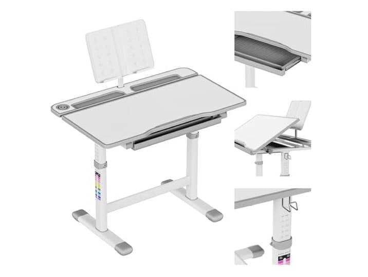 MARK ADLER Study 3.0 Kinderschreibtisch - Höhenverstellbar 54-76 cm Schreibtisch Kinder ab 6 Jahren - Neigbare Tischplatte - mit Schublade und Buchständer - Ergonomisch zum Lernen – Grau