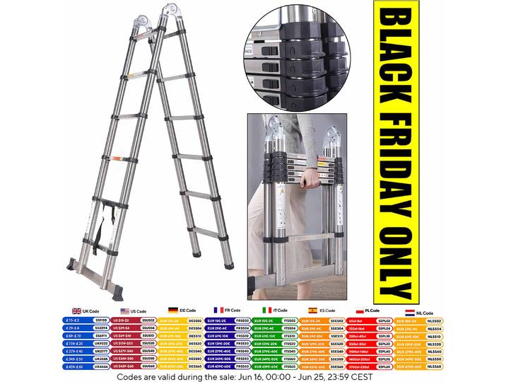 DayPlus – échelle télescopique pliante en acier de 12.5 pieds, 1.9M + 1.9M, cadre en A polyvalent, échelle de Loft robuste avec stabilisateur, outil domestique