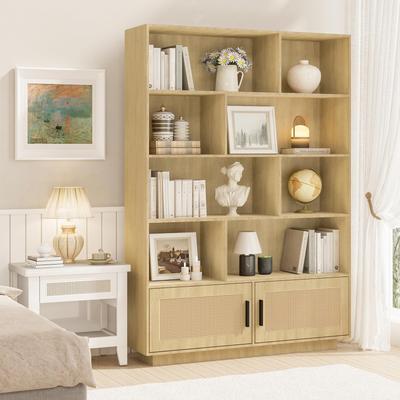 Yun 5 Tier Bookshelf, Boho Bookcase with Rattan Doors