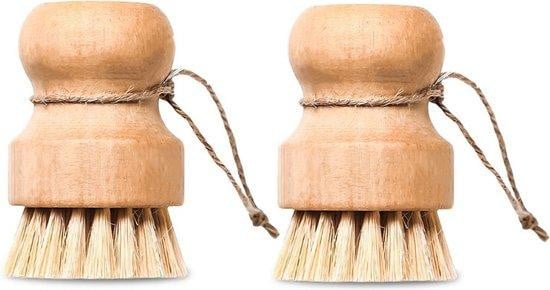 Set van 2 houten keukenborstels met nylon borstelharen, bruin