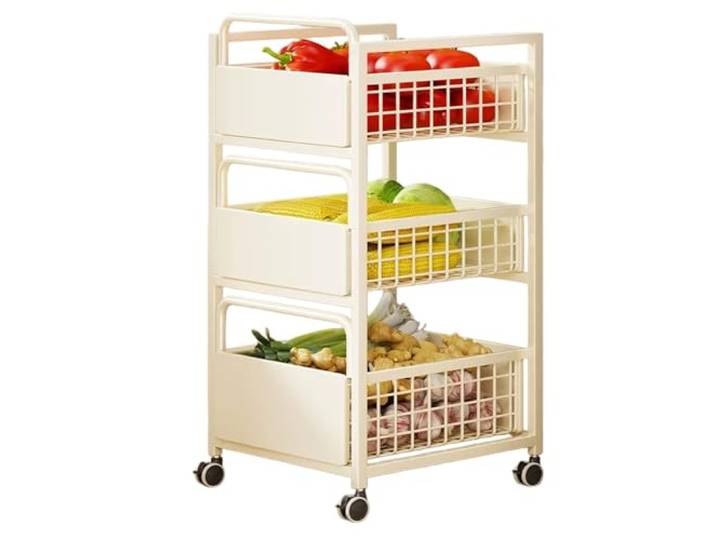 XXAD553TY Essen 3-stufiger rollender Gemüsekorbwagen, fahrbar Küchen-Obst-Aufbewahrungsregal-Organizer(Weiß,Groß)