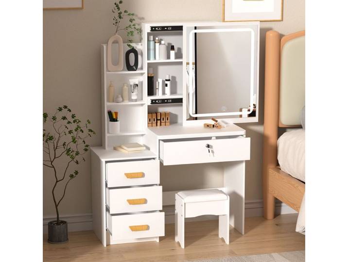 Coiffeuse avec miroir et tabouret Miroir LED Grand 4 Tiroirs 7 Compartiments de Rangement Style Moderne Blanc