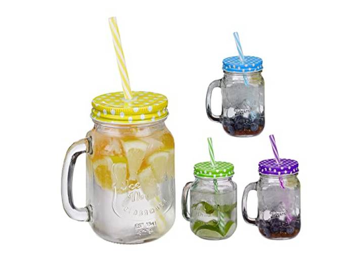 Relaxdays drinkglazen met rietje, set van 4, mason jars, 500 ml, kleurrijk