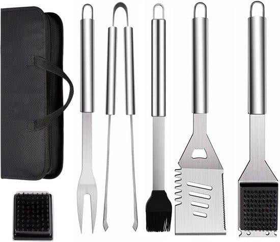 7-delige BBQ Grillset met draagtas, spatel, tang en vork in zilverkleurig staal van Markenlos