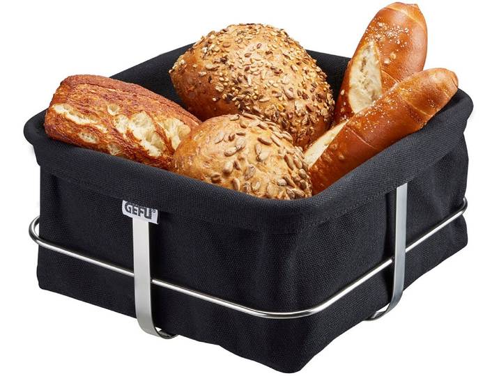 Brotkorb GEFU BRUNCH eckig , schwarz, B:21,9cm H:11,2cm L:21,9cm, Baumwolle, Edelstahl, Lebensmittelaufbewahrungsbehälter, Brotkorb, perfekt für Brot & Brötchen