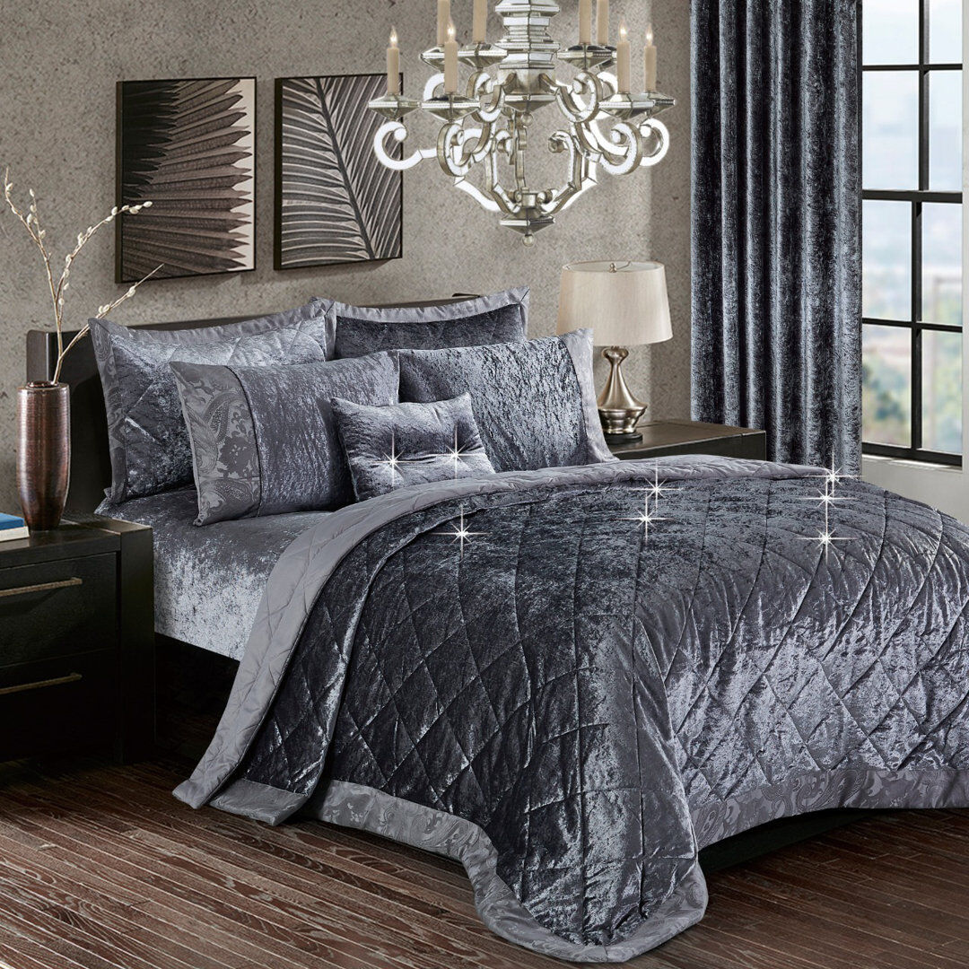 Mercer41 Santiago Crushed Velvet Bedspread Set Premium Soft Microfiber Reverse and Standard Pillow Shams Grey 250 x 255cm Bedspread + 2 Shams
